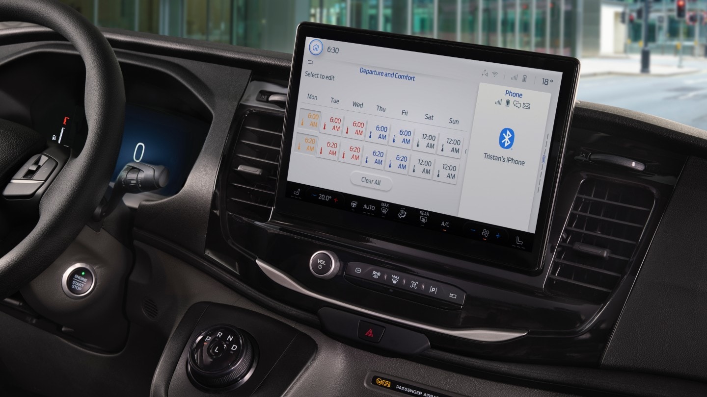 Interior view of the touch screen dashboard in the new Ford Transit